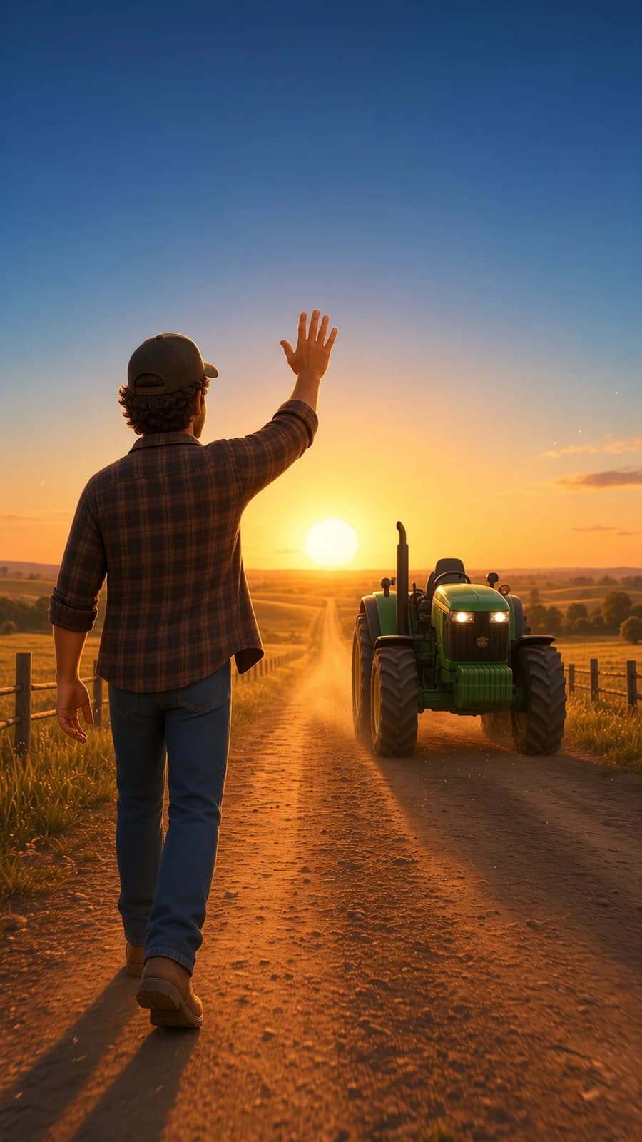 Country farmer walking down a backroad toward his tractor at sunset