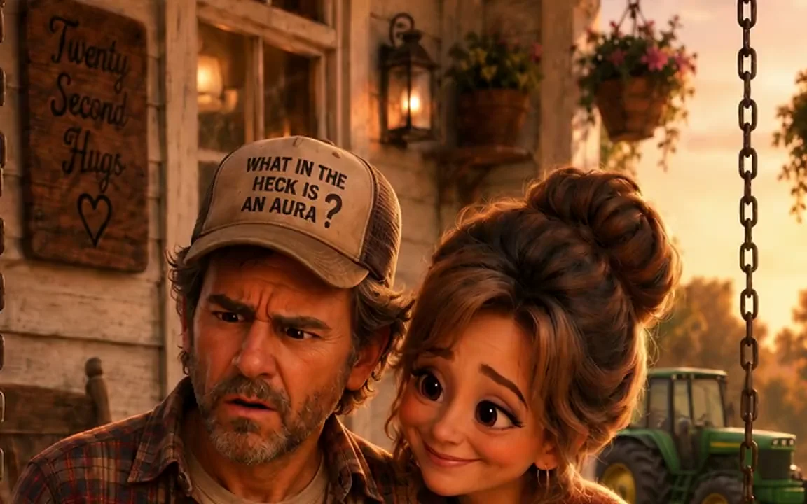 Aura Farming Redneck story scene: a confused country husband and his amused wife on the porch
