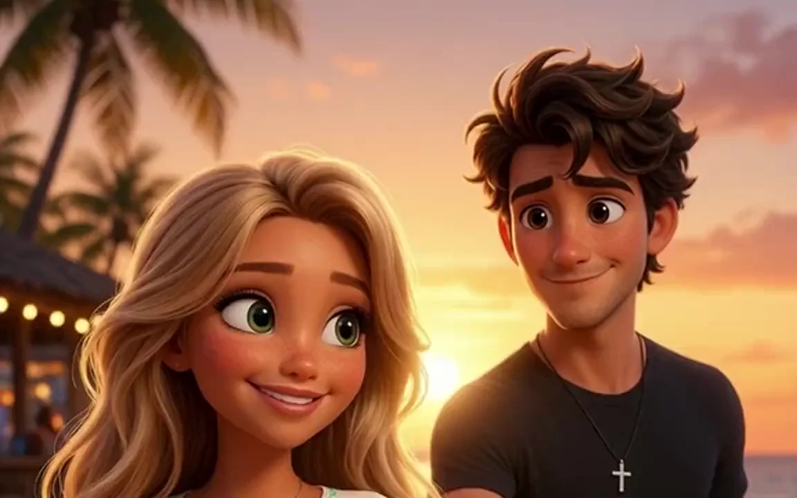 Animated young country couple sharing a tender look beneath warm string lights
