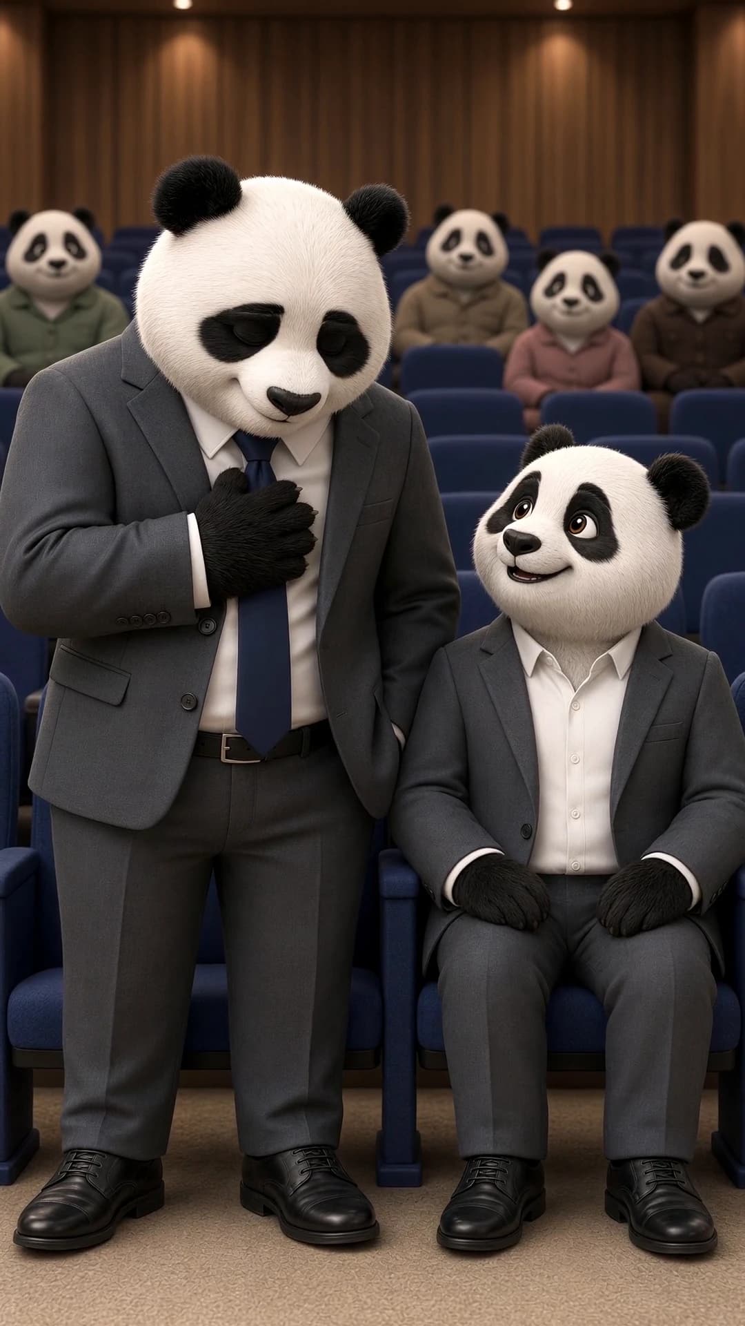 He stands in the graduation auditorium with a hand to his chest while the grown kid in a sage-green sweater looks up beside him