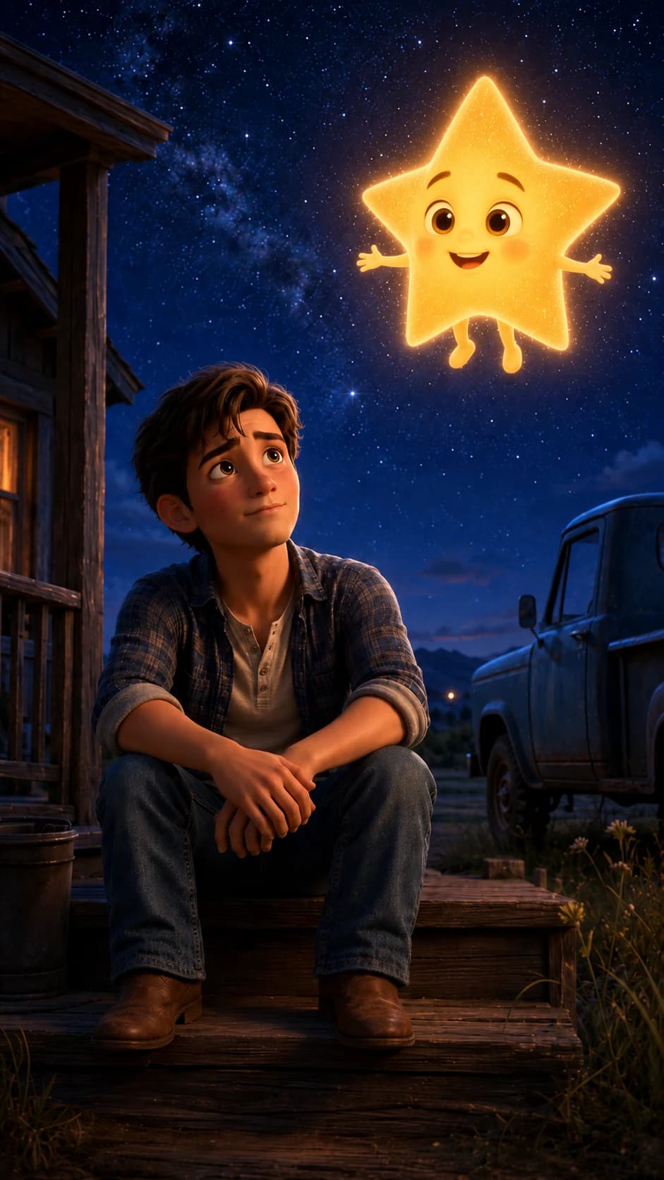 Young man seated on porch steps looking up at a glowing guardian star in the night sky