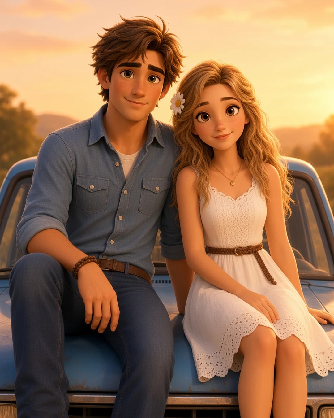 Young couple sitting together on the hood of a vintage blue pickup at sunset