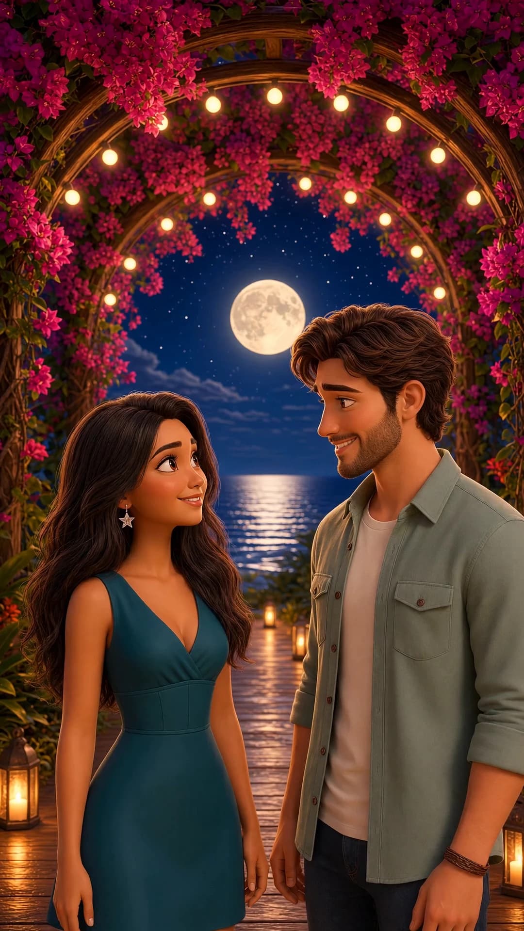 Birdie and Wade smiling at each other beneath moonlit resort lights
