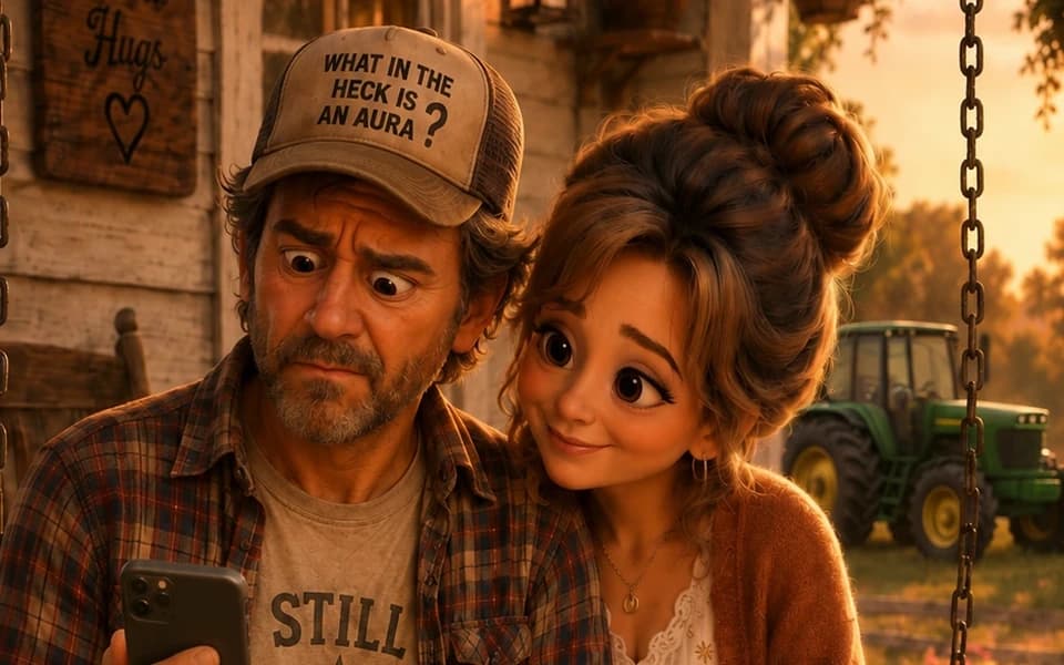 Aura Farming Redneck story scene: a confused country husband and his amused wife on the porch
